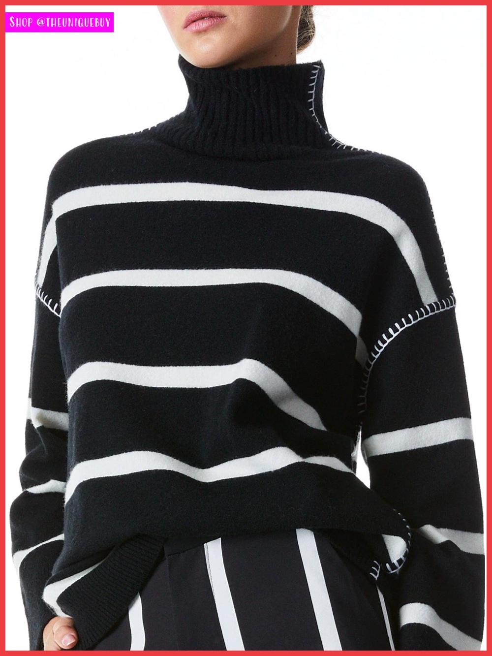 Alice + Olivia Bobbie Black White Striped Wool and Cashmere Blend Tunic Sweater